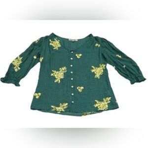 Figueroa & Flower Boho Peasant Top Blouse Shirt Women's Forest Green Fairy